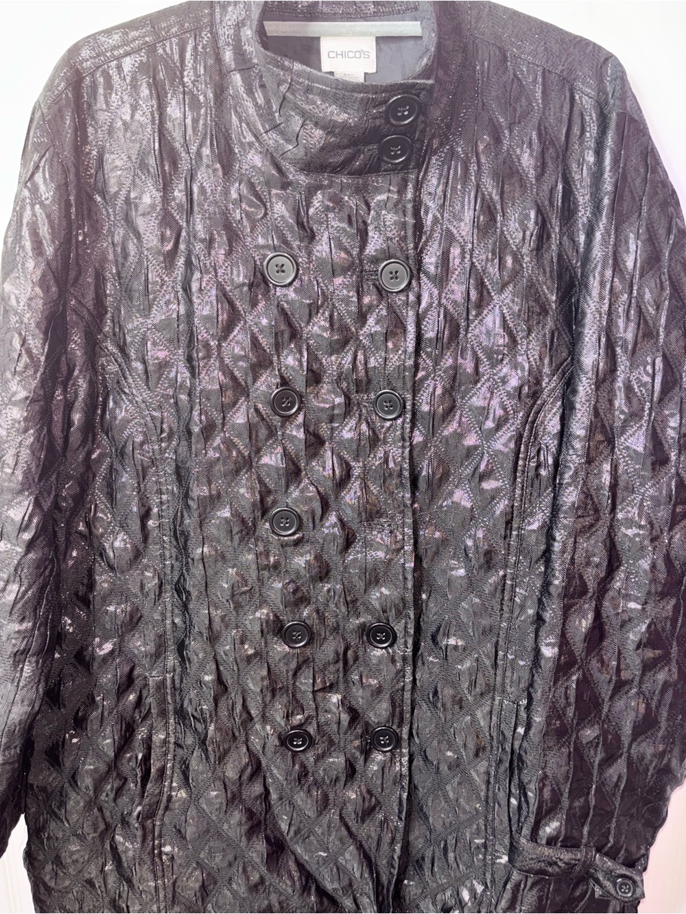 Chico's Shimmery Black Quilted Double-Breasted Blazer